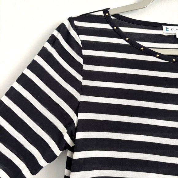 Kumikyoku Blue and White Striped 3/4 Sleeve Top Studded Neckline Size 2 / US M - Picture 8 of 10